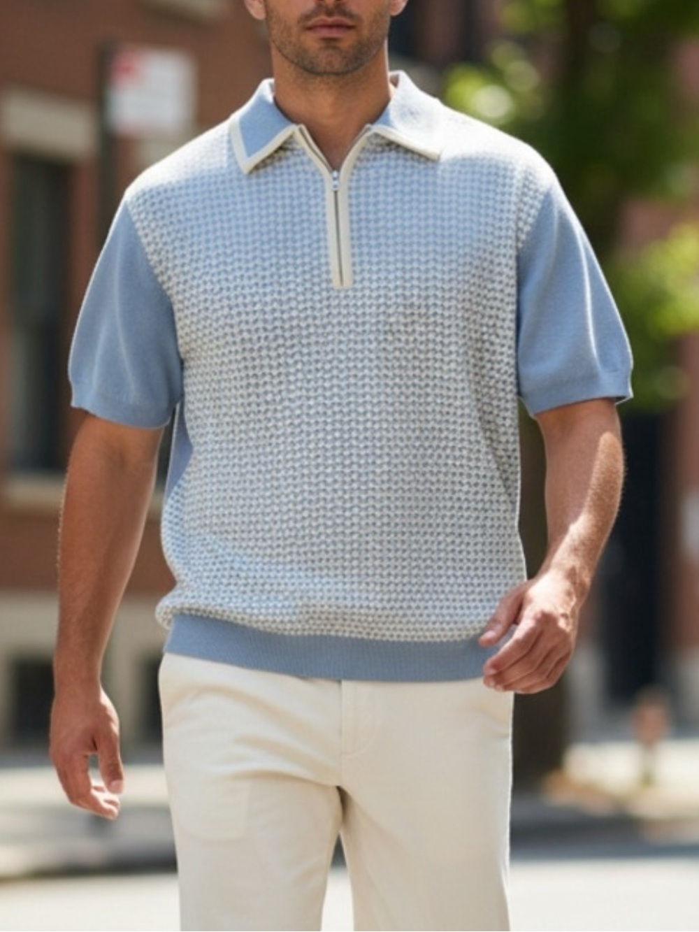 OXKnit blue and white diamond pattern short sleeve quarter zip knit polo Size 2X